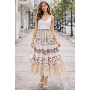 Ny Collection Boho Tired Beige Animal Print Maxi Skirt Sz MP Flowy Chic Prairie